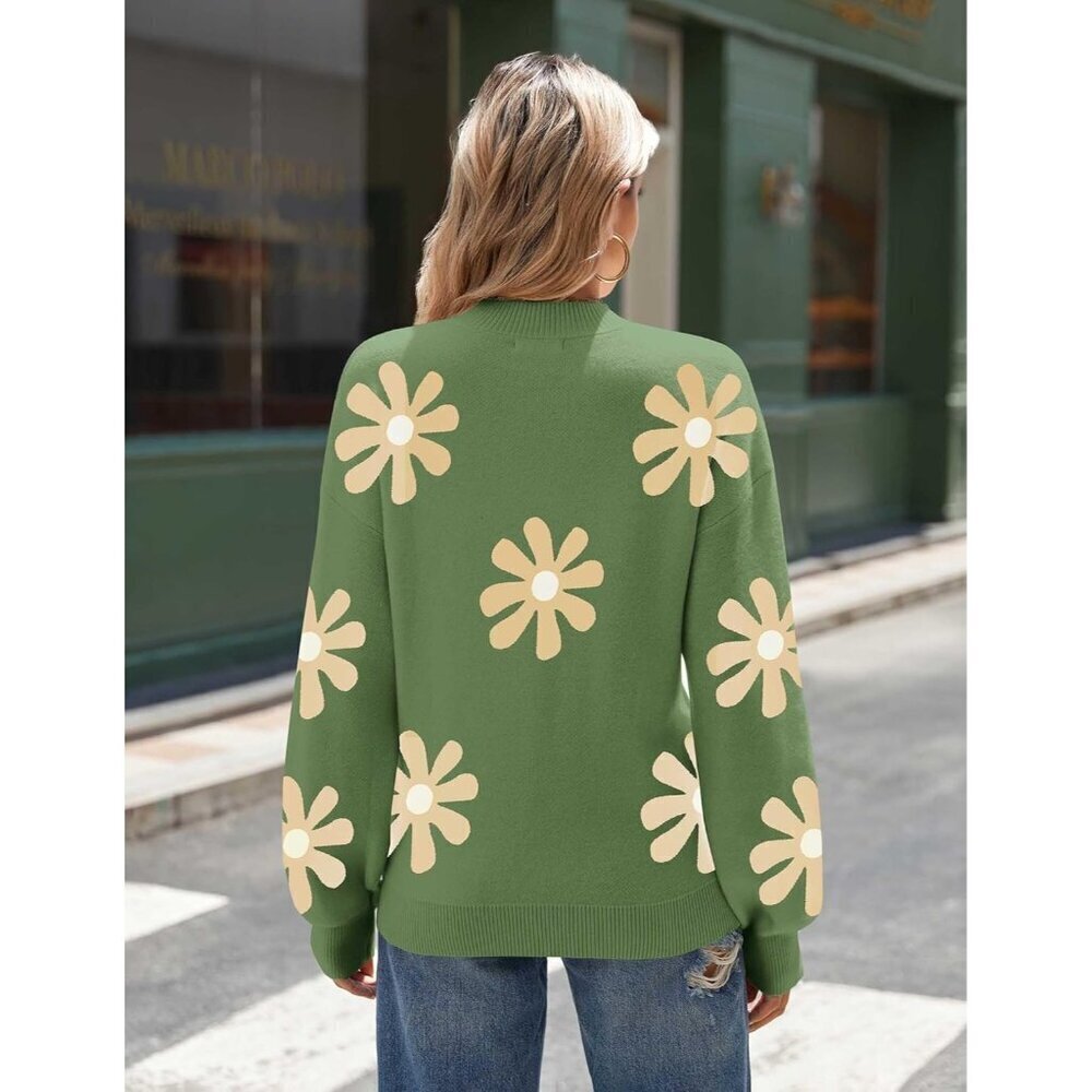 Zeagoo Women's Green-flower Long Sleeve Pullover Ribbed Knitted Pattern Sweater - Picture 4 of 6